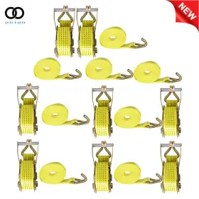 Apo191736 Autoooparts 8 Piece 2 Inch 15ft Ratchet Straps With J Hook 5000 Lb Heavy Duty Tie Downs Yellow