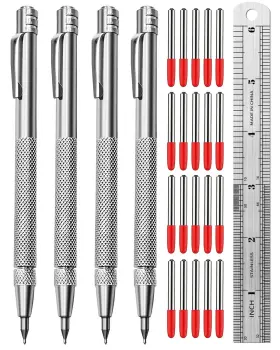 Branded 787527032174 4-pack Tungsten Carbide Scriber Knurled Aluminum Handle With Steel Ruler