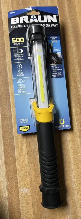 57444 Braun 500 Lumens Rechargeable Led Shop Work Light Drop Magnetic Base Lumen New