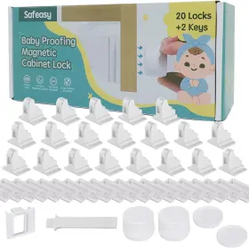 Safeasy 691324648810 20 Pack Child Safety Magnetic Cabinet Locks - Adhesive Baby White