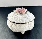 Vintage Porcelain Embossed Flower Round Trinket Box Applied Roses Lid 3.5" C110 Used. Price: $9.95.