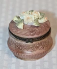 Round Hinged Pink Porcelain Trinket Box Applied Rose Flower Top New. Price: $9.99.