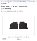 Genuine Gm 84194949 Rear Carpet Floor Mats Fits Cadillac Xts 2016-2019 Oem New. Price: $18.00.